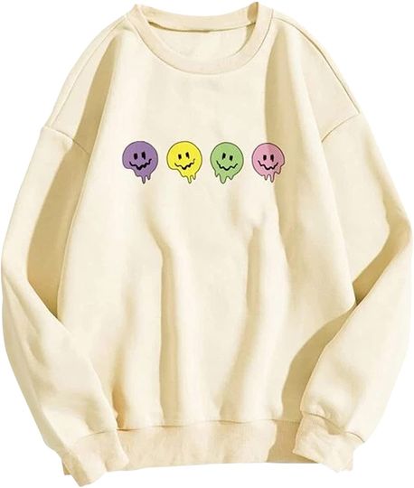 MISSACTIVER Women Oversized Fleece Smiley Face Graphic Sweatshirts Crewneck Long Sleeve Drop Shoulder Pullover Sweater Tops