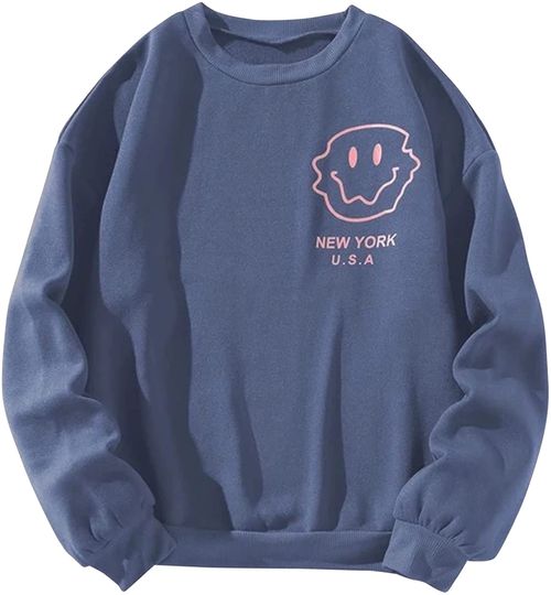Smiley Face Sweatshirt SAFRISIOR Women Oversized Fleece Smiley Face New York Letter