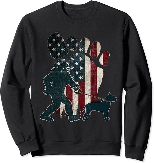 Pitbull Silhouette Sweatshirt Bigfoot Walking American Usa Flag Dog