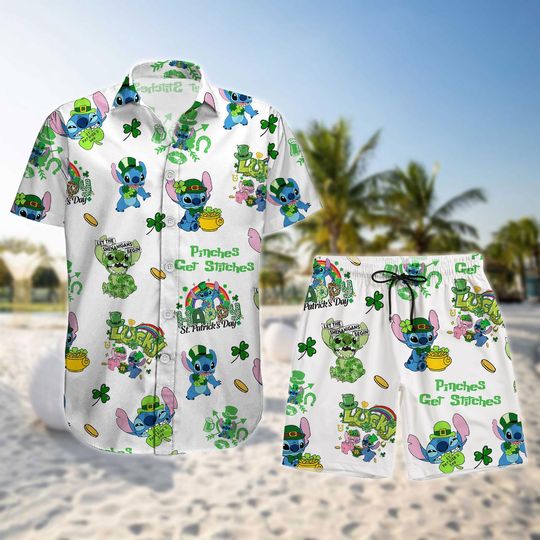 Stitch St Patricks Day Button Shirt, Stitch Summer Short, Stitch Lucky Irish T-Shirt, Disney Cartoon Shamrock Short, Disney Family Matc