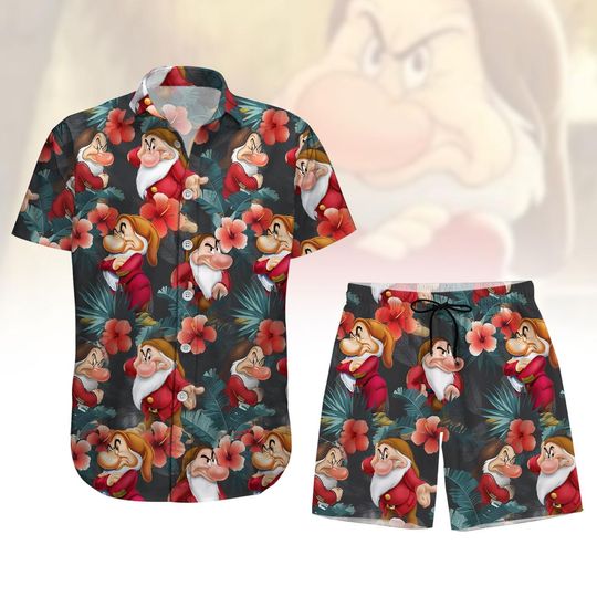 Grumpy Tropical Button Shirt, Grumpy Dwarf Summer Short, Disney Cartoon Hawaii Shirt, Seven Dwarfs Beach Short For Men Women