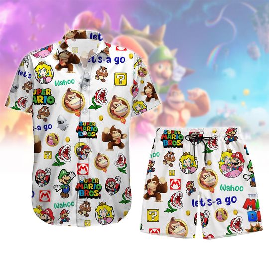 Super Mario Button Shirt, Mario Summer Hawaii Shirt, Mario Bros Beach Short, Video Game Character Beachwear, Great for Beach Days