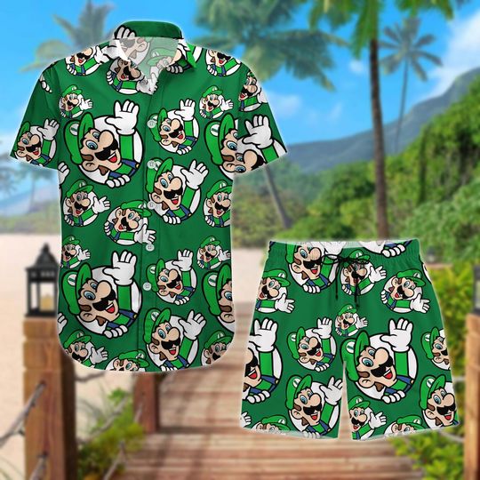 Luigi Button Shirt, Mario And Luigi Summer Short, Super Mario Brothers Hawaii Shirt, Retro Luigi Bros Summer Vibes, Ideal for Gamers