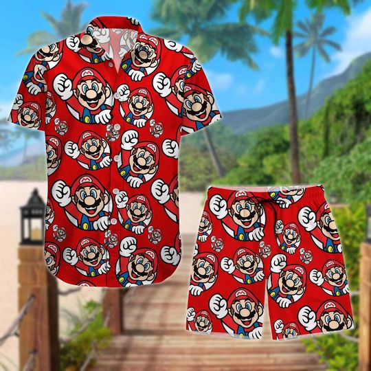 Mario Button Shirt, Super Mario Summer Short, Bowser Hawaii Shirt, Retro Mario Bros Summer Vibes, Ideal for Gamers and Fans