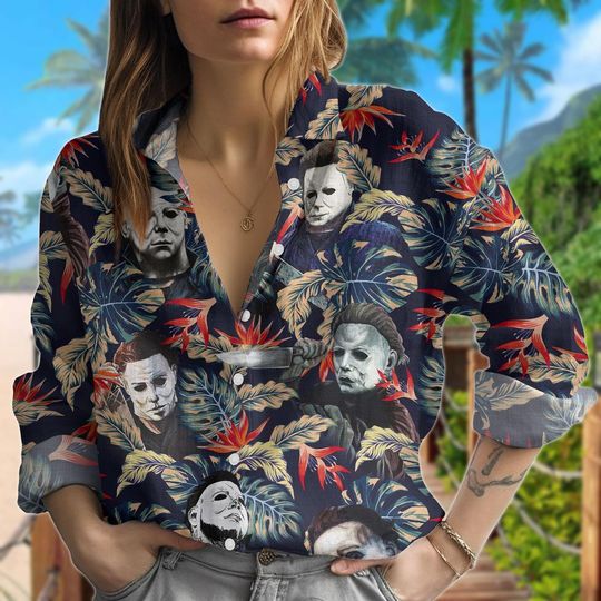 Michael Myers Linen Shirt, Horror Movie Casual Shirt, Halloween Women Blouses, Long Sleeve Shirt, Blouses Tops Women, Mothers Day Gift