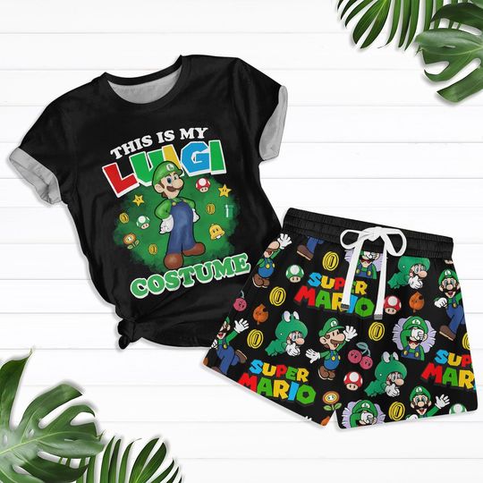 Super Luigi Pajamas Set, Super Mario T-Shirt Short Set, Matching Family Mario Fleece Pajamas, Mario Bros Sleepwear, Luigi Birthday Gift