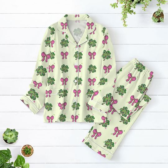 Coquette Bow St Patrick's Day Pajamas Set, Irish Shamrock T-Shirt Pants Set, Four Leaf Clover Holiday Pajamas, Gift For St Patrick's