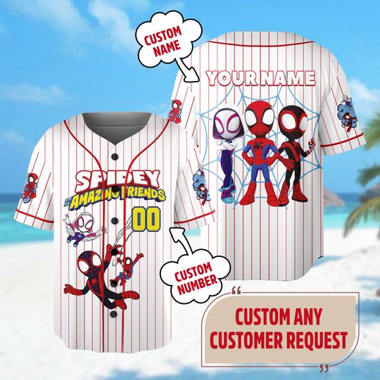 Custom Spidey And His Amazing Friends Baseball Jersey, Spider Verse Baseball Jersey Junior Hero Team Shirt, Spider Group Trip Outfit