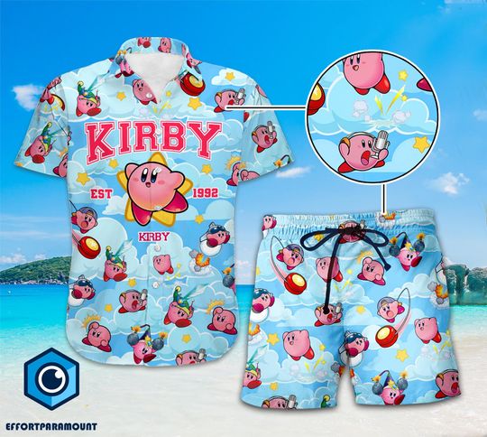 Pink Kirby Hawaiian Shirt | Kirby Hawaiian Shirt | Kirby Video Game Family Vacation Shirt | Summer Vacation Shirt | Family Trip Outfit