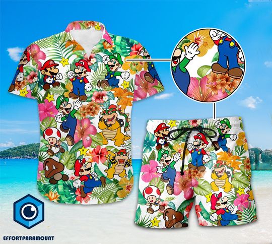 Super Mario Hawaiian Shirt, Mario And Luigi Beach Hawaiian Shirt, Mario Bros Summer Hawaii Shirt, Halloween Cosplay Tropical Hawaiian Shirt
