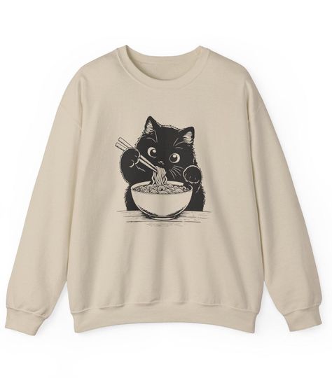 Cute Cat Eating Ramen Sweatshirt, Funny Cat Lover Gift, Cozy Jumper, Kawaii Pullover, Cat Lady Sweatshirt, Japanese Noodle Lover