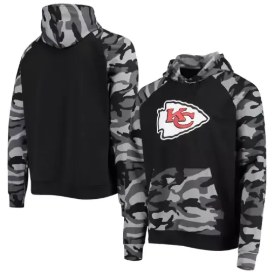 Kansas City Chiefs football Camo Raglan Pullover Hoodie Black, FREE SHIP!