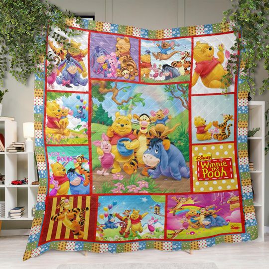 Winnie The Pooh Christmas Vintage Quilt Blanket, Winnie The Pooh Christmas Blanket, Bedding Blanket, Personalized Blanket