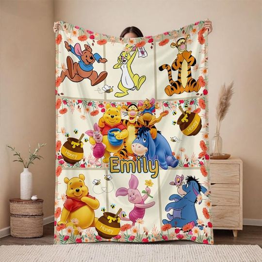 Personalized Disney Winnie the Pooh Blanket, Custom Name Pooh Bear and Friends Gifts, Pooh Bear Birthday Gift, Christmas Blanket