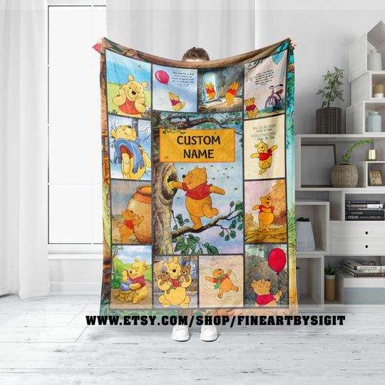 Custom Name Winnie The Pooh Blanket, Disney Pooh Bear Christmas Gifts, Anniversary Christmas Gift Funny Blanket, Family Eeyore Gift