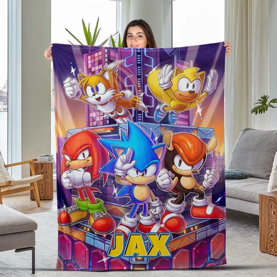 Personalized Sonic The Hedgehog Cartoon Blanket, Cartoon Characters Fleece Blanket, Birthday Blanket For Son,Sonic Group Sofa Blanket