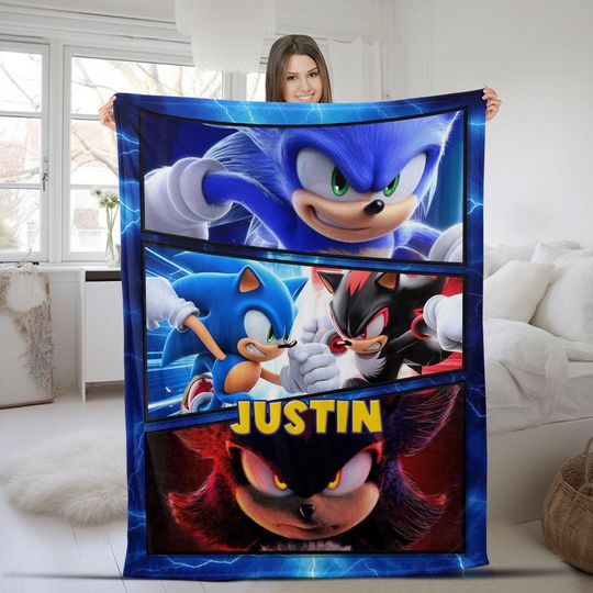 Personalized Sonic The Hedgehog Blanket, Customize Cartoon Hedgehog Minky Sherpa Blanket, Custom Name Gift, Birthday Blanket For Kids