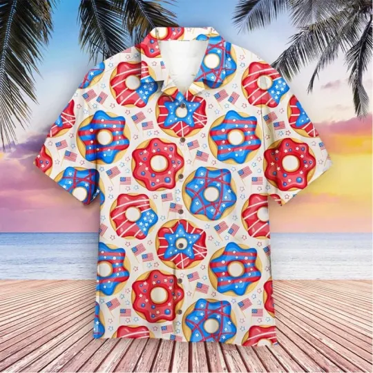 4Th Of July Donuts America Pink And Blue Aloha Trendy Hawaiian Shirt