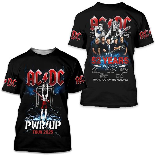 AC.DC Power Up Tour 3D T-Shirt, AC.DC 52 Years 3D T-Shirt, Rock Band 3D T-Shirt, Pwr Up Tour 2025 3D T-Shirt