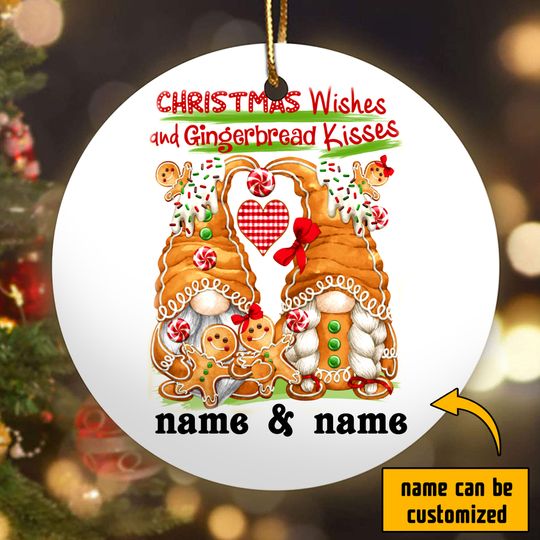 Christmas Wishes and Gingerbread Kisses Ceramic Circle Custom Ornament