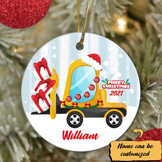 Digger Forklift Christmas Ceramic Circle Custom Ornament