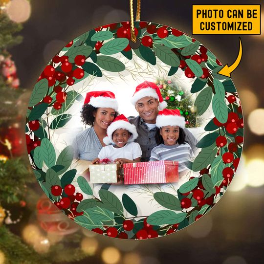 Personalized Family Holiday Christmas Wreath Mistletoe Ceramic Circle Ornament