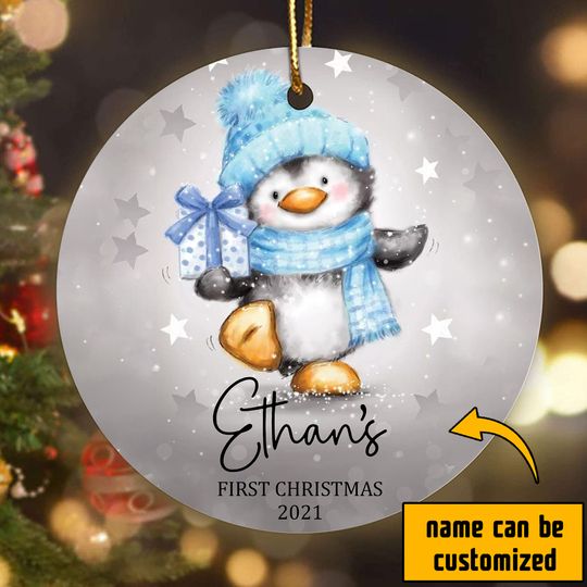 Penguin Baby First Christmas Ceramic Circle Custom Ornament