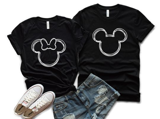Scribble Minnie & Mickey Mouse Unisex T-shirts, Disney Matching Couple Tees, Minnie and Mickey Matching Tees
