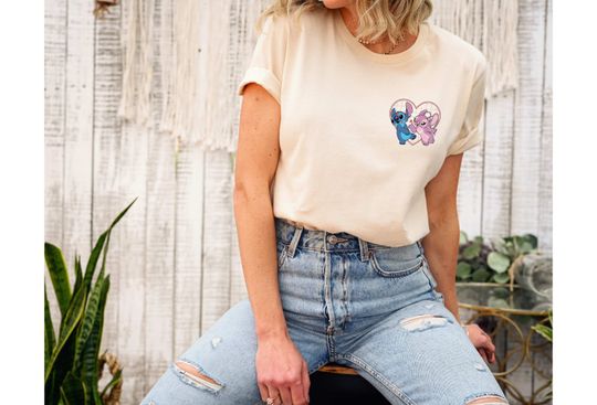 Stitch And Angel Pocket Shirt, Stitch Love Couple Shirt, Disney Couple Shirt, Stitch Heart Shirt