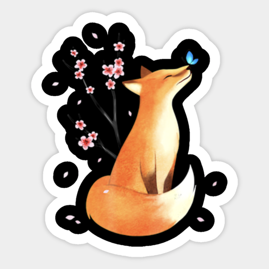 Fox Japanese Cherry Blossom Flower Vintage - Fox - Sticker