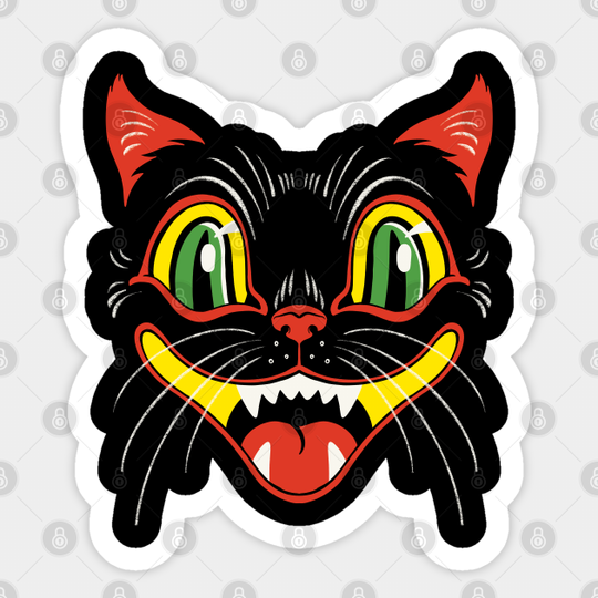 Vintage Style Retro Halloween Smiling Black Cat Face - Retro Cat - Sticker