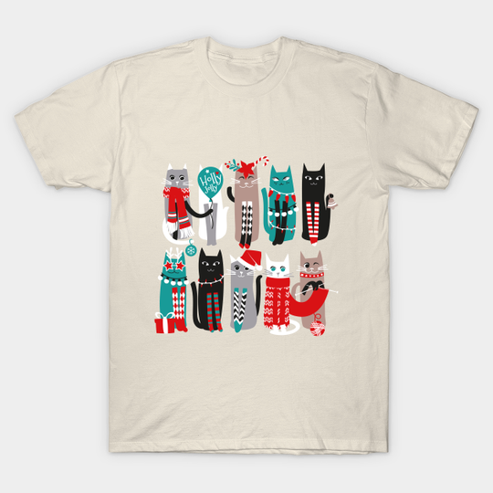 Feline Christmas vibes // print // dark teal background grey mint white brown and black kittens - Christmas Cat - T-Shirt