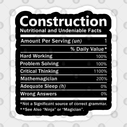 Construction Sticker - Nutrition Factors Gift Item Sticker - Construction - Sticker