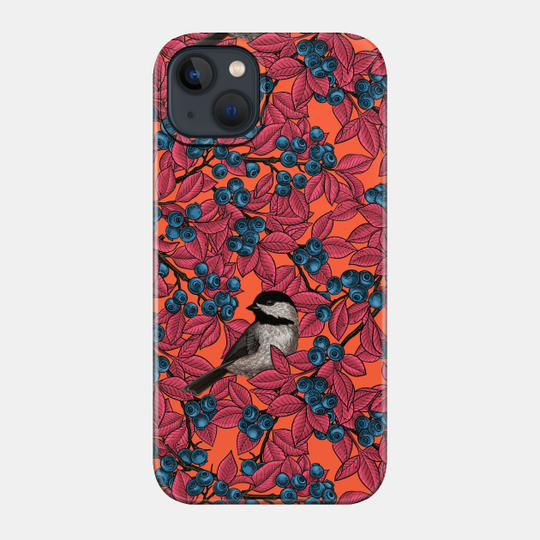 Chickadee birds on blueberry branches in red - Blueberry - Phone Case