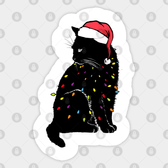 Black Cat christmas light Sticker funny cat lover christmas - Black Cat Christmas Light Cat Lover - Sticker