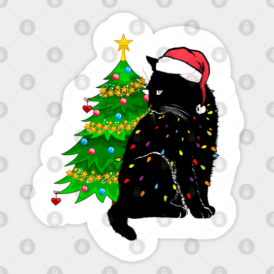 Black Cat christmas light Sticker funny cat lover christmas - Black Cat Christmas Light Cat Lover - Sticker
