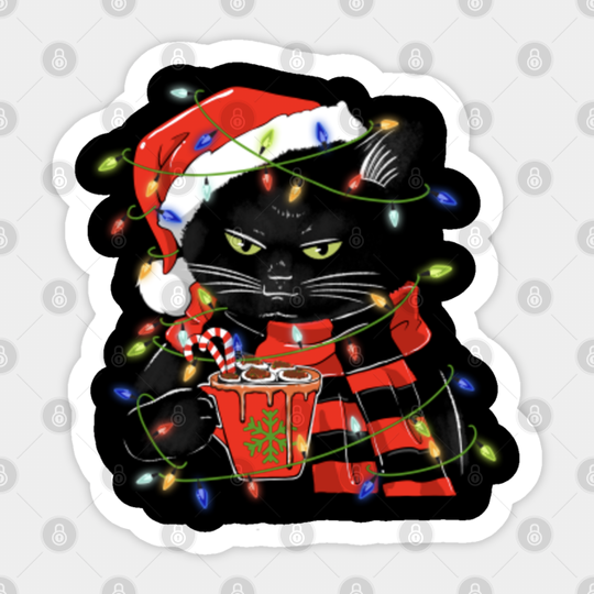 Black Cat Christmas Light Hold Cup Coffe Funny Cat Lover Christmas - Black Cat Christmas Lights - Sticker