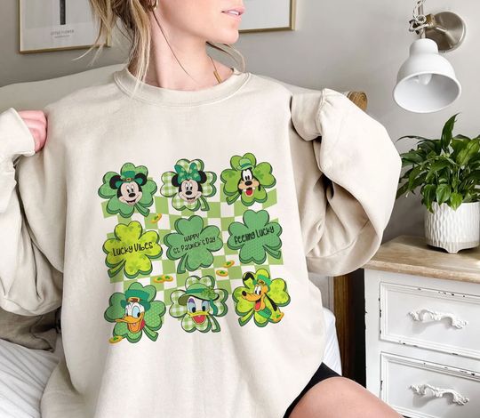 Retro Disney St Patricks Day Sweatshirt, Mouse And Friends Shamrocks
