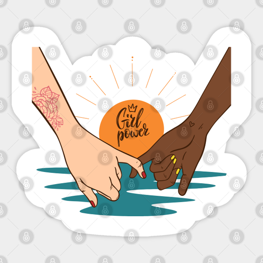 Girl power, girls promise, pinky promise, pinky swear, i swear, i promise, sunset, sunrise, beach drawn illustration, vintage posters colorful print - Equal Rights - Sticker