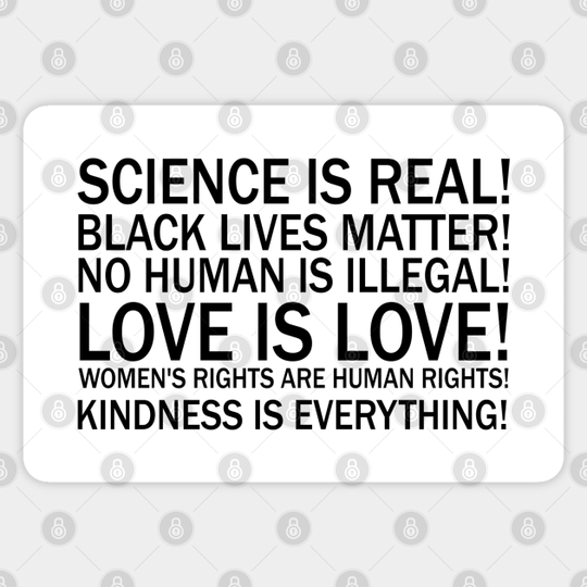 Science is real! Black lives matter! No human is illegal! Love is love! Women's rights are human rights! Kindness is everything! - Equal Rights - Sticker