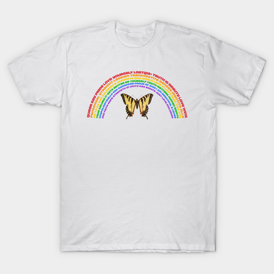 LGBTQIA+ Pride Month Word Rainbow with Positive Messages and Butterfly - Lgbtq - T-Shirt