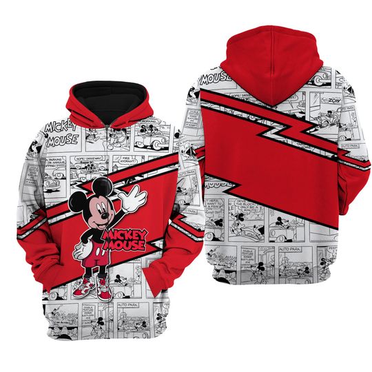 Mickey Mouse Red Gray Strips Comic Disney 3D Zip Hoodie