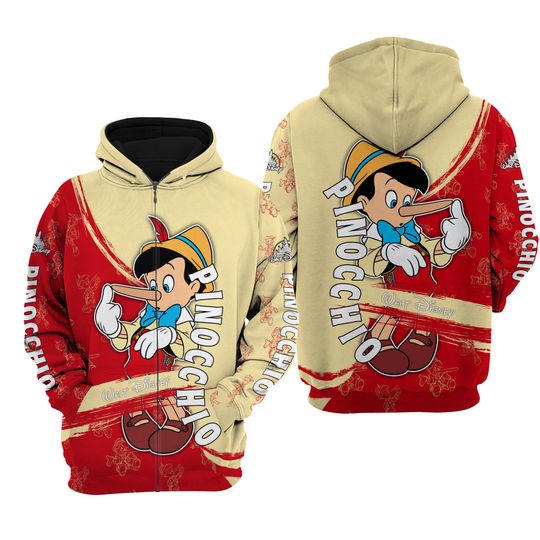 Pinocchio Yellow Red Pattern Stripes Disney 3D Zip Hoodie
