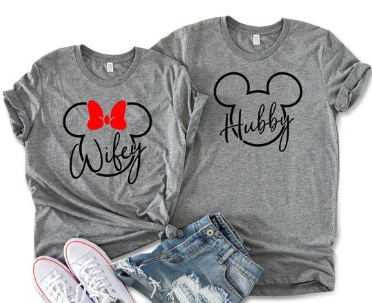 Wifey & Hubby Minnie Mickey Mouse T-shirts, Disney Matching Couple Tees, Disney Wedding Matching Tees