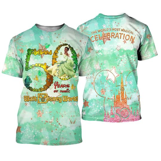Tiana Princess Clear Green Castle Mickey Head Disney 50th Anniversary 3D T-Shirt