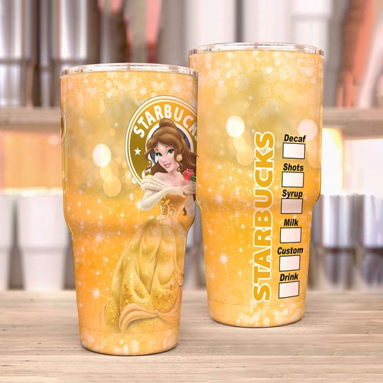 Belle Princess Yellow Glitter Bling Starbucks Disney Tumber 30 oz