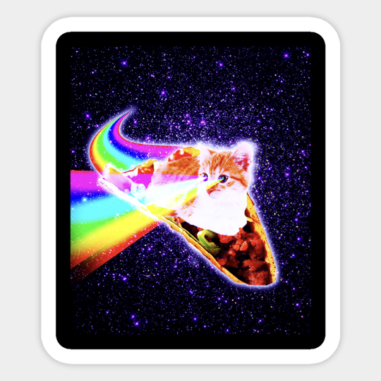 Rainbow Laser Eyes Galaxy Cat Riding Taco - Rainbow - Sticker