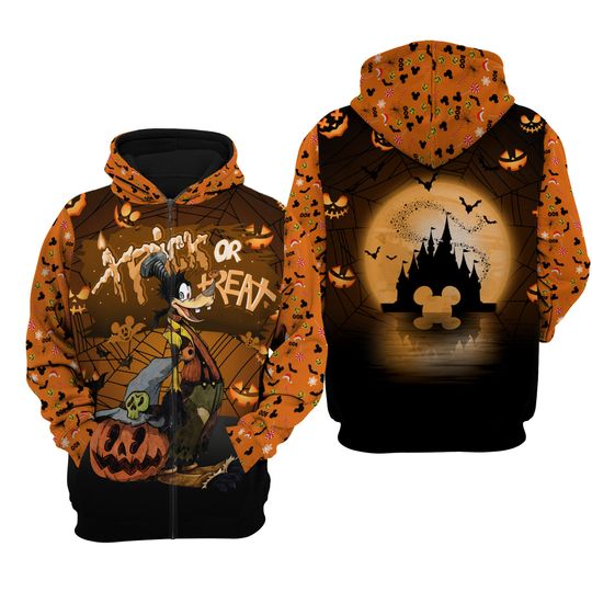 Goofy Dog Orange Halloween Trick Or Treat Disney 3D Zip Hoodie