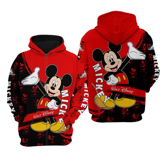 Mickey Mouse Black Red Pattern Stripes Disney 3D Zip Hoodie