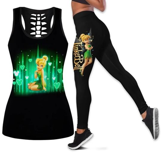 Tinker Bell Black Neon Green Disney Hollow Tanktop Legging Outfit Set